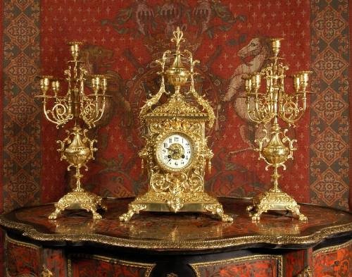 fig 1. ***** SOLD ***** Large Gilded Brass Gothic Clock Set by Jos Leemans, Brussels.